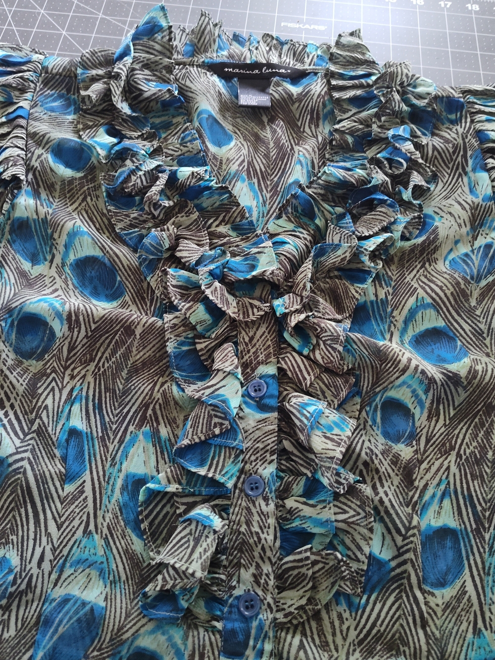 Marina Luna Women's Blue & Brown Ruffled Button-Front Blouse